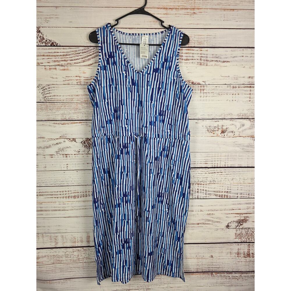Westloop Midi Dress L Womens Blue White Sleeveless V Neck Light Weight NWT